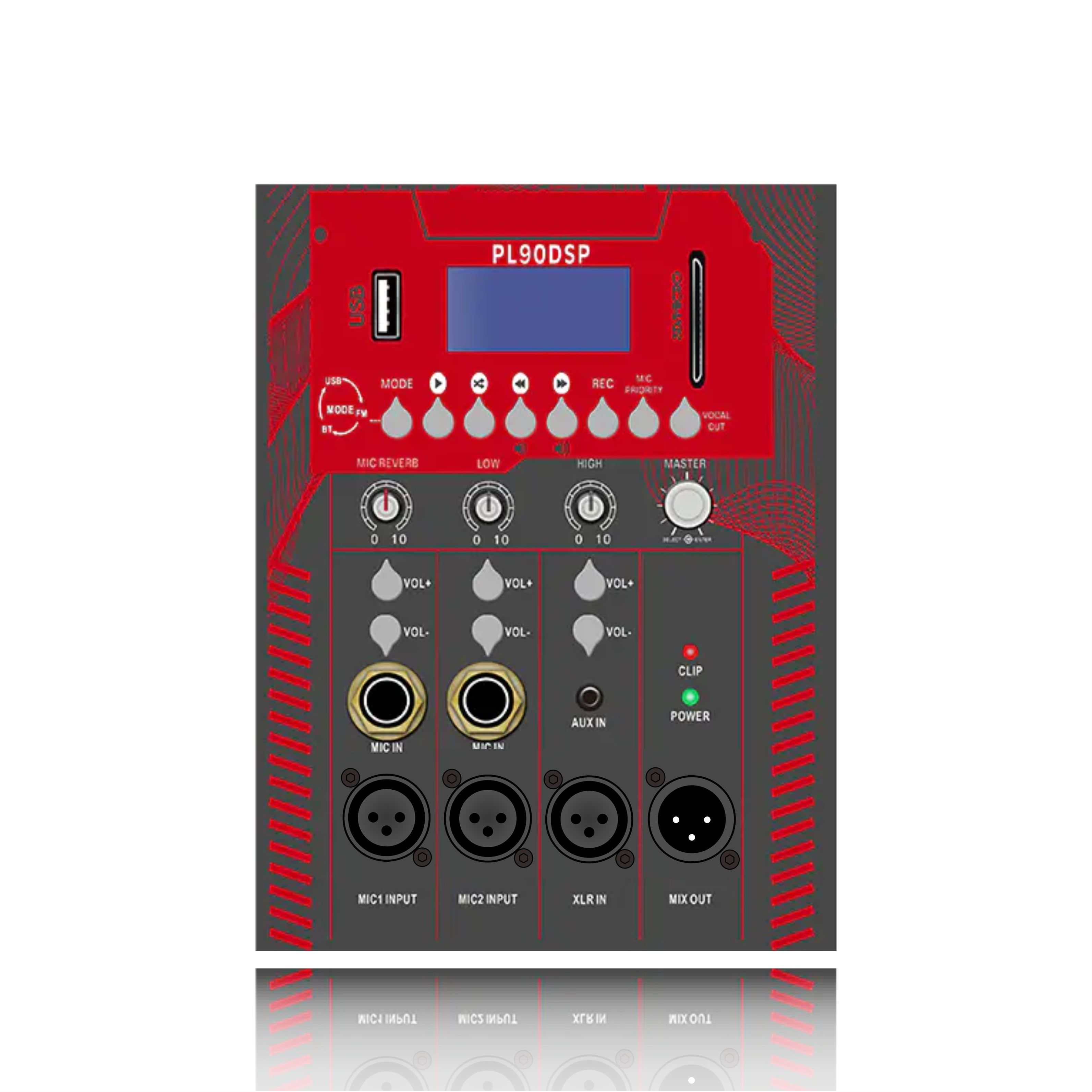PL90: 2 Saluran Input Mikrofon dengan Mikrofon Reverb Kawalan Bahagian Frekuensi Elektrik Modul Fungsi
