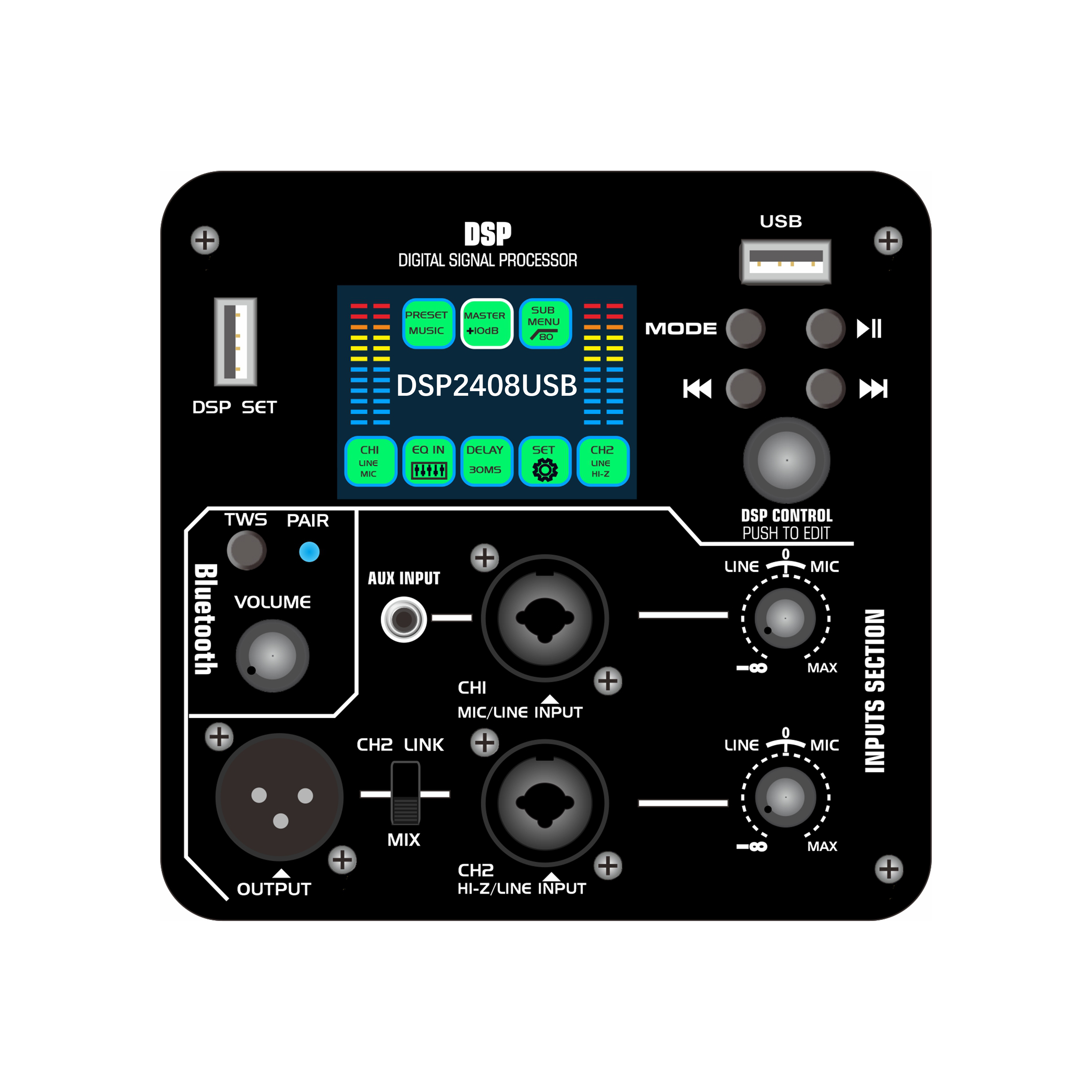 Skrin warna DSP2408USB Penguat kuasa aktif DSP dengan fungsi main balik audio pemacu kilat USB